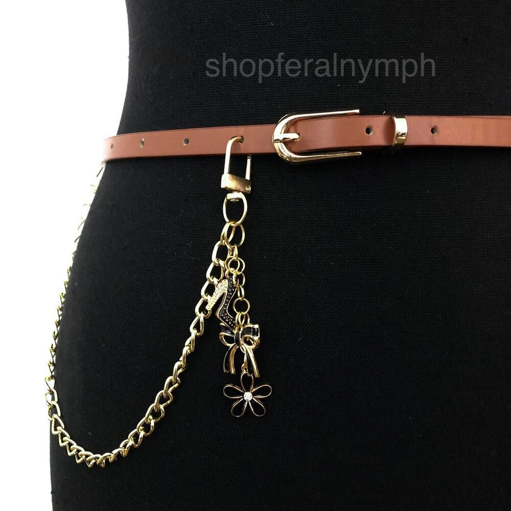 Brown Y2K Bow Heel Flower Charm Skinny Chain Belt, Fits 34-36 Inches, X7GA1244